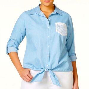Hannah Blue Chambray Roll-Tab Long Sleeve Button Down Tie Front Lace Pocket